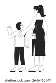 Mãe europeia gentilmente levando o filho enquanto caminha com caracteres de linha 2D. Mulher coreana em vestido preto com criança apontando isolado vetor tinta contorno pessoas. Ilustração de ponto monocromático