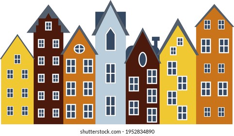 European multicolored vintage houses.Element design,clipart.