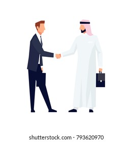 European and Muslim businessmen shake hands. Businessmen came to an agreement and completed the deal with a handshake. Template for banner or infographics. Vector illustration.