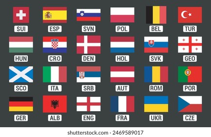 European national football teams with rectangle flag icons and country codes. Flat design