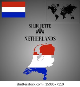 European Netherlands outline world map silhouette vector illustration, creative design background, national country flag, objects, element, symbols from countries all continents set. 