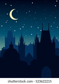 European night cityscape. Vector silhouette of Prague. Travel background. Illustration for card, website or banner.