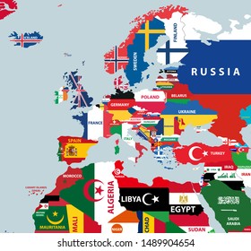 European and north african countries mixed with their national flags. Vector illustration