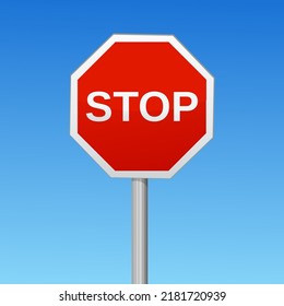 European octagonal Stop traffic sign with a metallic reflection effect on a blue sky in the background