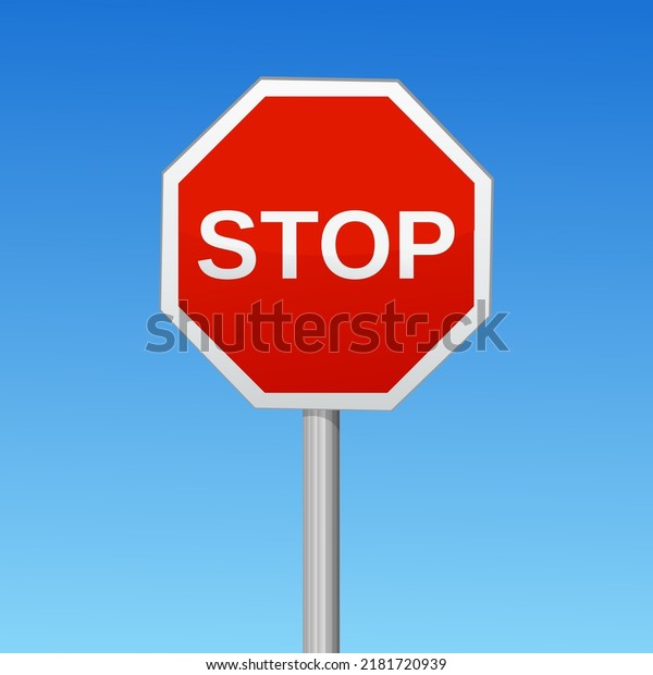 European octagonal Stop\
traffic sign with a metallic reflection effect on a blue sky in the\
background