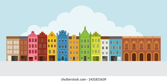 European Old Buildings in Colorful Color, Front View, Old Town, Cityscape, Skyline