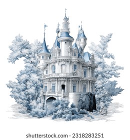 European old chateau castle in toile de jouy style illustration