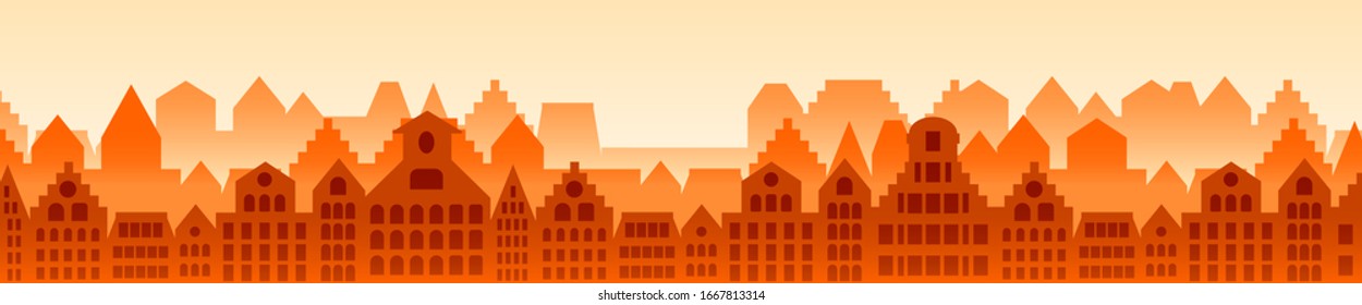 European old city horizontal orange simple background. Creative cityscape flat vector illustration