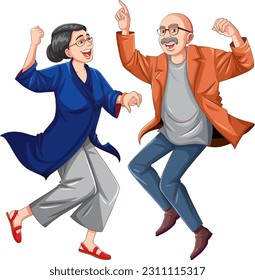 European old couple dancing isolated illustration