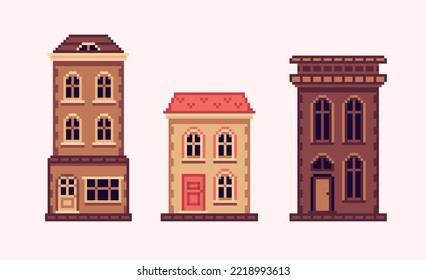 European old house pixel art set. Historic town architecture collection. 8 bit sprite. Game development, mobile app.  Isolated vector illustration.