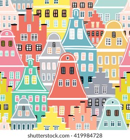 European old houses - seamless pattern. Colorful fun design for textile, wallpaper, background. German, Netherlands style historical buildings. 100% Vector illustration. 