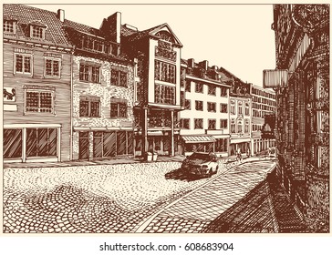 European old street view. Black and white dashed style sketch, line art, drawing with pen and ink. Retro vintage picture.