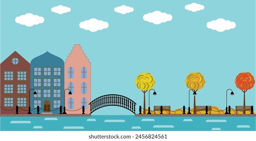 European Old Town with Bridge on the River and Park in Autumn. Cities culture and history concept vector art