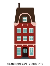 European orange old house in the traditional Dutch town style with a gable roof, attic window and large loft-style windows. Vector illustration in the flat style isolated on a white background.