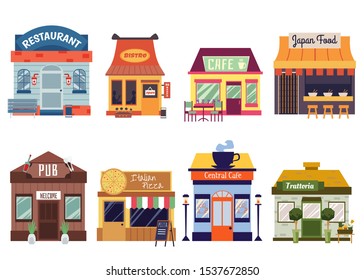 European and Oriental food restaurant buildings facades set of flat vector illustrations isolated on white background. Cafeteria, pub and bistro street food cafes fronts.