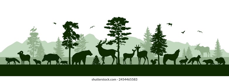 European panorama with silhouettes of wild animals. Vector illustration.