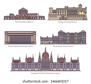 European parliament buildings in thin line. Ruzhany and Princes palace, Helsinki and Hungarian house, Powerscourt Estate. Hungary and Belarus, Monaco, Finland, Ireland government architecture theme