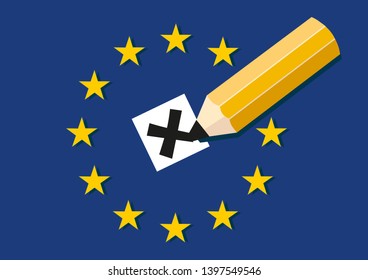 European Parliament election concept. Pencil making a cross at voting ballot with EU stars and flag in background.
