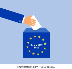 European Parliament Election On May 2019 - Voter Is Voting And Election During EU Parliamentary Ballot. Democratic Selection And Choice Of Politicians. Vector Illustration