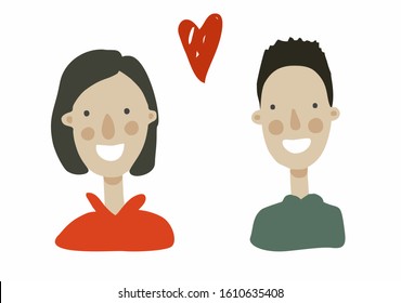 European people couple, young girl and guy with smile isolated on white background vector. The concept of love and marriage, a serious relationship. Social media avatar, print on postcards, invitation