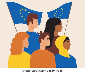 European people with the flag of the european union. Flat vector stock illustration. Concept of the national flag of Europe. Multicultural european people, islamic migrants with uk flag