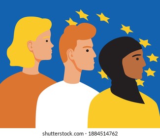 European people on a background of the EU flag. Flat vector stock illustration. Patriot citizens on European union flag. Multicultural people with a flag. Islamic woman, men in the EU