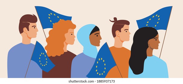 Europäische Menschen mit der Flagge der Europäischen Union, Banner. Flache Vektorgrafik. Menschen mit britischen Flaggen, Männer, Frauen, islamische Migranten. Britische Flagge als Symbol Europas