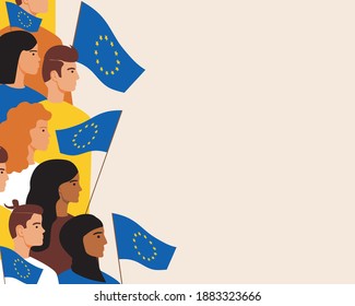 European people with european union flag, copy space template. Flat vector stock illustration. Template with uk flags, place for text. Europeans as a symbol of the European Union and copy space