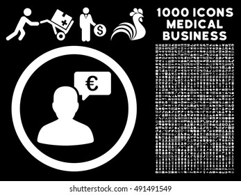 European Person Opinion icon with 1000 medical commerce white vector pictographs. Design style is flat symbols, black background.