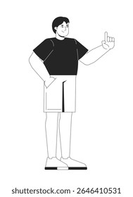 European plus size man in black tshirt pointing up 2D line character. Asian plump guy raising one finger with hand in pocket isolated vector ink outline person. Monochromatic spot illustration