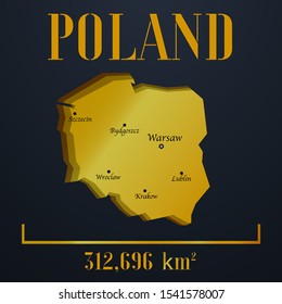 European Poland, Warsaw, Krakow golden 3d solid country outline silhouette, realistic piece of world map template, for infographic, vector illustration, isolated object, background. From countries set