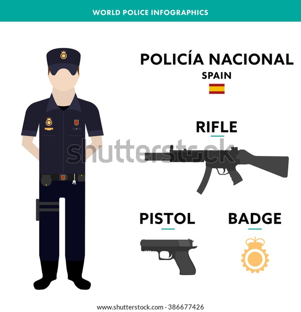 ヨーロッパの警官情報のグラフィック文字ベクターイラスト 装備 ライフル ピストル バッジを持つ標準服を着たスペインの警察官 画像に ポリシア ナショナル のテキスト 国の警察 のベクター画像素材 ロイヤリティフリー