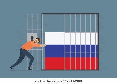 Ein europäischer Politiker oder Geschäftsmann bringt eine russische Flagge in ein Gefängnis. Isolation, Verbote und Einschränkungen für Russland nach der Aggression und dem Beginn des Krieges. Vektorillustration