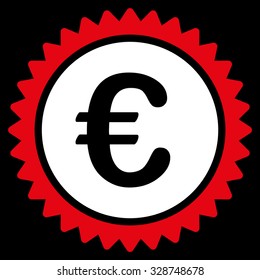 European Quality Stamp vector icon. Style is bicolor flat symbol, red and white colors, rounded angles, black background.