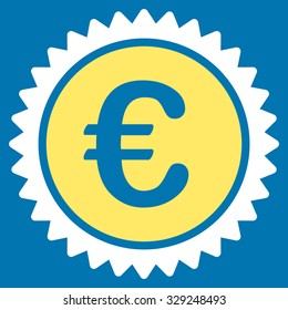 European Quality Stamp vector icon. Style is bicolor flat symbol, yellow and white colors, rounded angles, blue background.