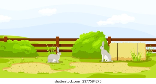 European rabbit near fence in zoo enclosure. Summer vacation. Natural rural wildlife. Farm inhabitant, cartoon design. Cute hare character. Picturesque landscape. Wild nature. Vector illustration