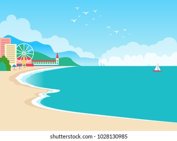 European resort summer poster with clear sky and water, sand and beach, European resort with ferris wheel and sailboat isolated on vector illustration