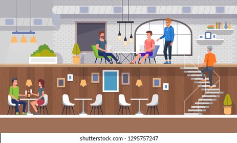 European Restaurant Interior. People Eating Business Lunch Menu. Cool Modern Space with Louge Inside. Fastfood Burger and Coffe House Concept Cafe. Consumer Drink and Food to Eat. Hotel Cafeteria.