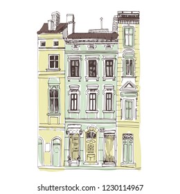 European retro house facade isolated on white background. Lviv old town house hand drawn sketch.