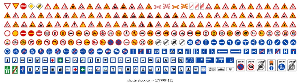 European road traffic signs set. Isolated symbols on white background. Vector illustration