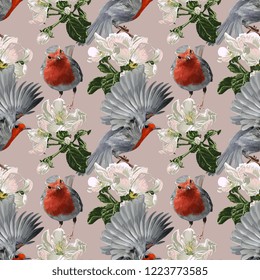 European Robin With Apple Flowers Vector Hand Drawn Seamless Pattern