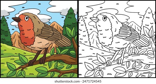 European Robin Bird Coloring Page Illustration