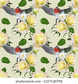 European Robin With Roses Vector Hand Drawn Seamless Pattern