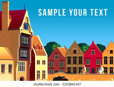 European romantic landscape with houses, bridge and bikers in the background. Handmade drawing vector illustration. Can be used for posters, banners, postcards, books  etc.