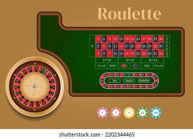 European roulette, one zero. Template for online casino and website. Roulette wheel, track for call bets and game chips. Vector illustration