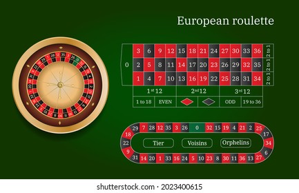 European roulette and online casino. Wheel track. Flat style vector illustration isolated on green background.