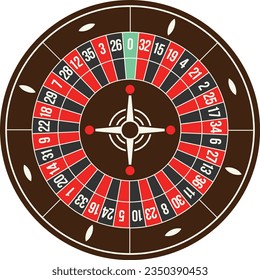 Rueda europea de ruleta en marrón y blanco, aislada en blanco. La rueda de la ruleta del casino simplificó la imagen vectorial 2d.