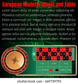 European roulette wheel and table layout for online casino, poker, roulette, slot machines, card games. Elements for gambling. Cash bash