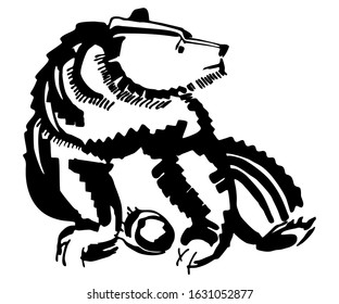 European, russian, american bear. Stylized ink drawing of  wildlife nature. Big predator, sitting. Black and white, isolated, for custom print and design. Vector stock illustration.