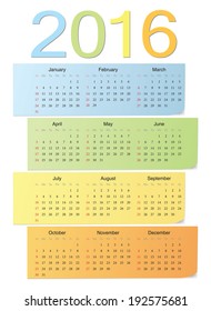 European school 2016 color bright vector calendar. Week starts from Sunday.